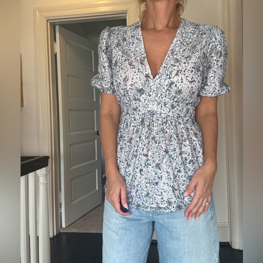 Tory Burch Floral Blouse • Puff Sleeve • Tie Waist • Size 8